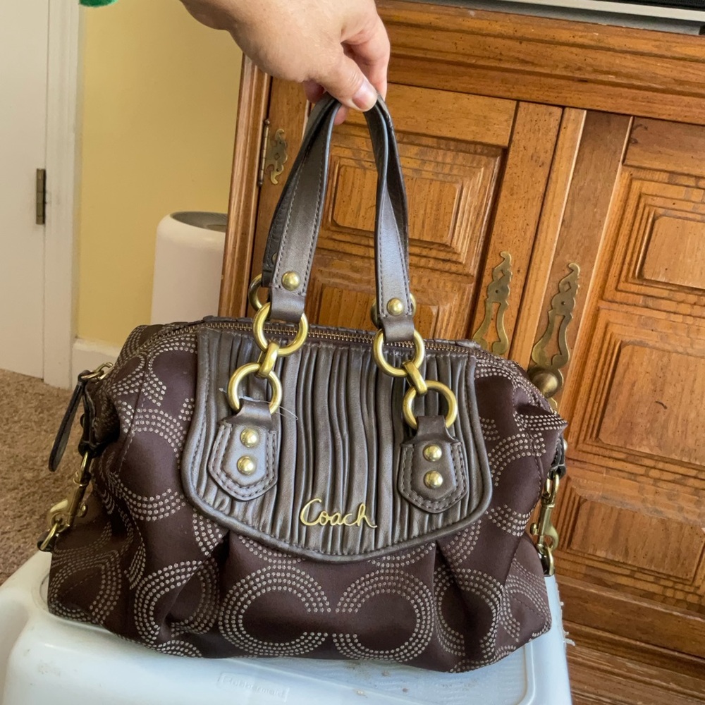 Coach Ashley OP Art Dotted, 2-Way Satchel Bag, Brown with Gold Hardware